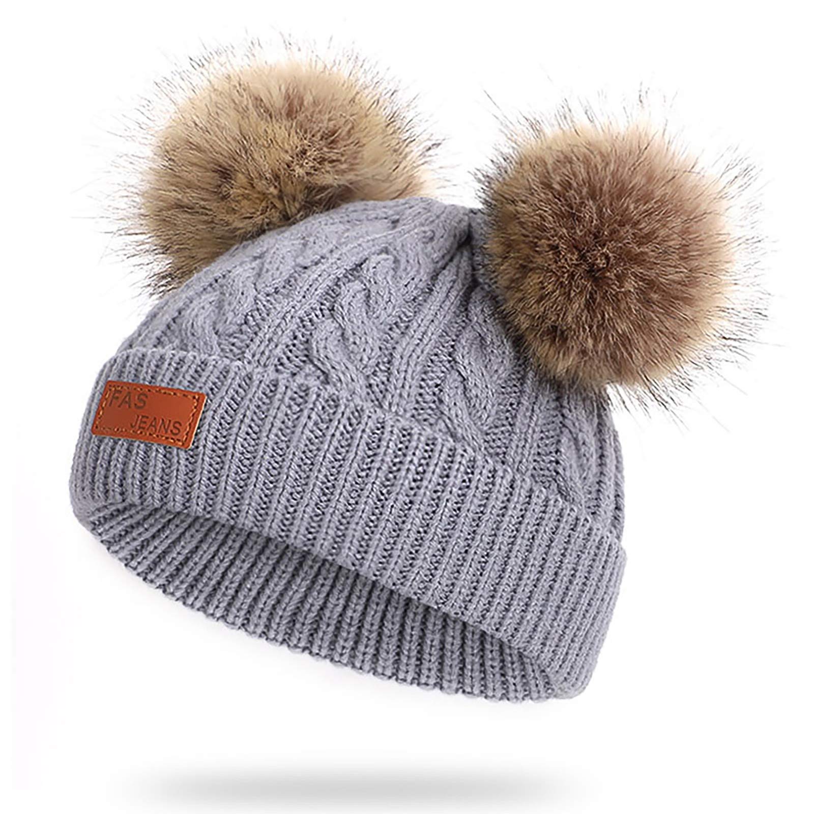 Baby Winter Warm Knit Hat Infant Toddler Kid Crochet Fur Hairball Beanie Cap Pom Pom Hat Baby Boys Girls (Grey)