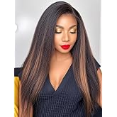 #1B/30 Ombre Brown Highlight Human Hair Kinky Straight Wigs 150% Density HD Invisible 13X6 Lace Front Wig with Baby Hair Bleached Knots Italian Yaki Lace Front Human Wigs Pre Plucked 14Inch