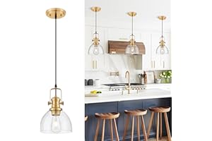 Audickic Pendant Lights Kitchen Island, 7.5" Farmhouse Pendant Lighting with Clear Seeded Glass Shade, Vintage Hanging Light Fixtures for Dining Room, Brushed Gold, AD-22151-1P-GD