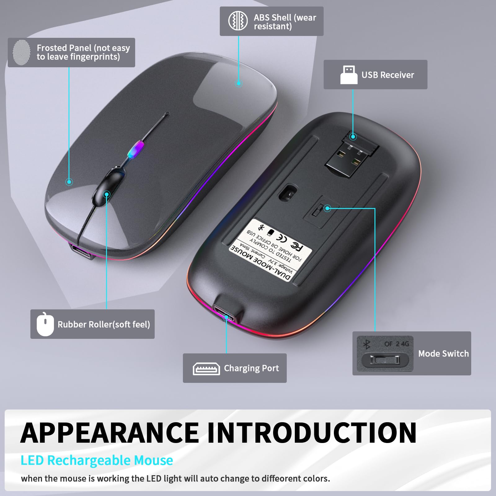 KANMABPC Wireless Bluetooth Mouse – Rechargeable, Silent, Dual Mode (Bluetooth 5.2 & USB) with LED Lights – Portable for Laptop, Desktop, & Tablet(Grey)