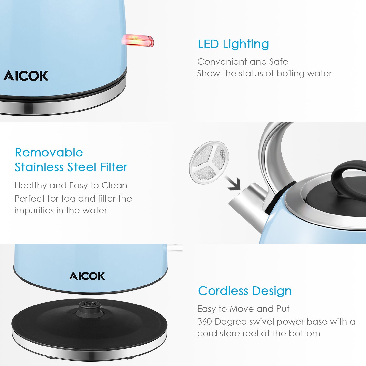 Electric Kettle, Aicok 3000W Fast Boil Tea Kettle, 1.7L Retro Dome Jug Kettle with Auto Off and Boil Dry Protection, 304 Stainless Steel Water Boiler with Anti-Fading PowderBlue Coating