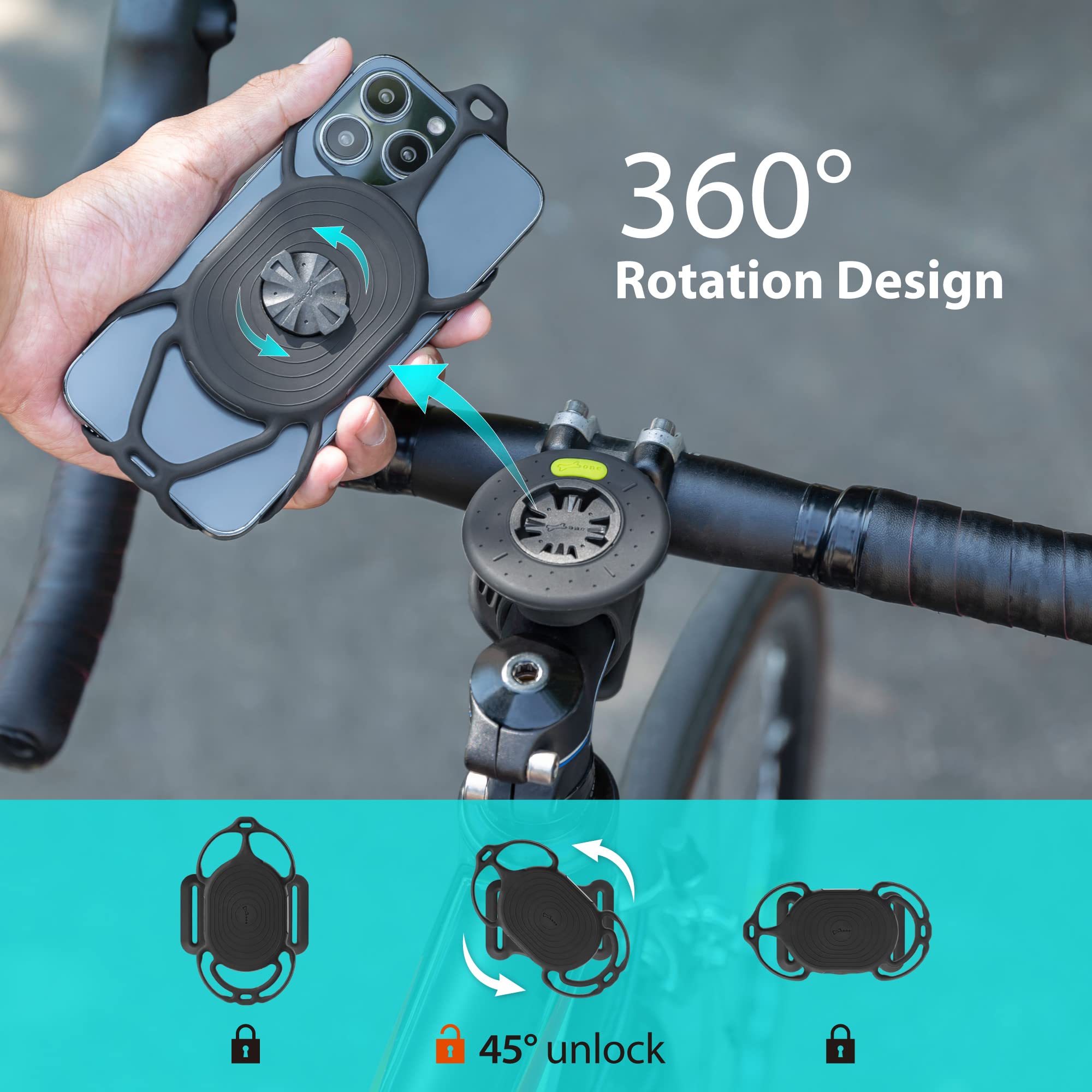 Bike Tie Connect Kit 2, Bike Cell Phone Mount for Stem, Detachable & 360° Rotatable Silicone Holder with Shock-Absorbing Design, Cycling Phone Holder for Most Smartphones (Stem - Connection Kit)