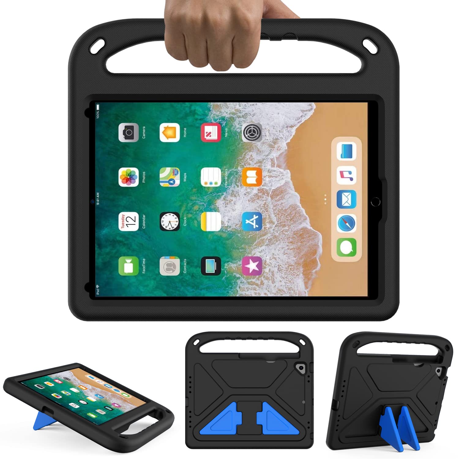 GOZOPO Kids case for iPad 9.7 Inch 2018/2017 (6th/5th Generation) -Shockproof Rugged & Light Weight with Handle Stand and Pencil Holder Case Cover for iPad 9.7 / Air 1/Air 2 /Pro 9.7 (black)