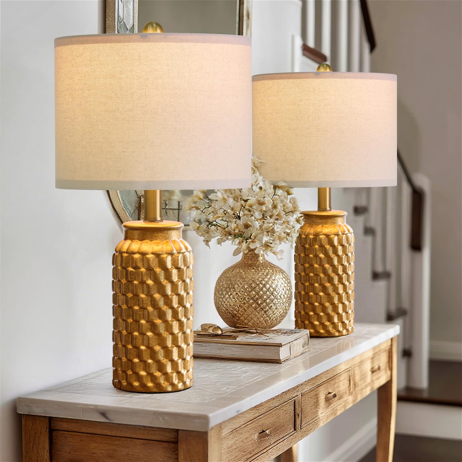 USumkky 20.5" Gold Modern Ceramic Bedside Lamp Set of 2 for Bedroom Decor Farmhouse Table Lamp for Living Room Office Dorm Image