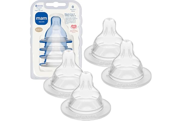 MAM Baby Bottle Anti-Colic Extra Slow Nipples Fits All MAM Bottles, 4 Pack | Size 0, Newborn Babies, Skin Soft BPA Free Silicone, 94% Nipple Acceptance, Developed With Medical Experts, Made In Europe