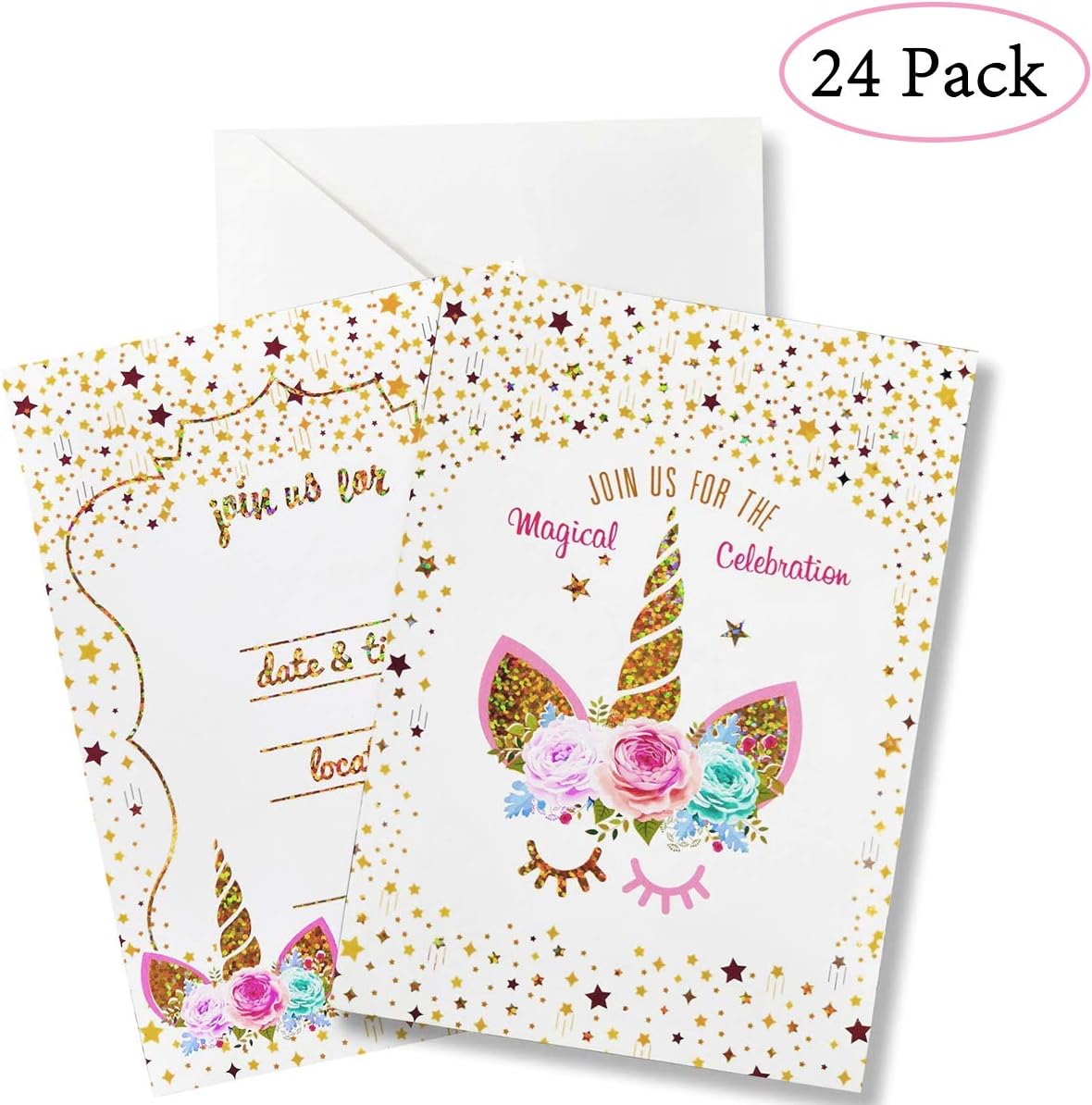 Yoodelife Unicorn Party Invitation Cards 24 Pcs Glitter Unicorn Birthday Invitation Cards with Envelopes for Unicorn Party Supplies Decoration