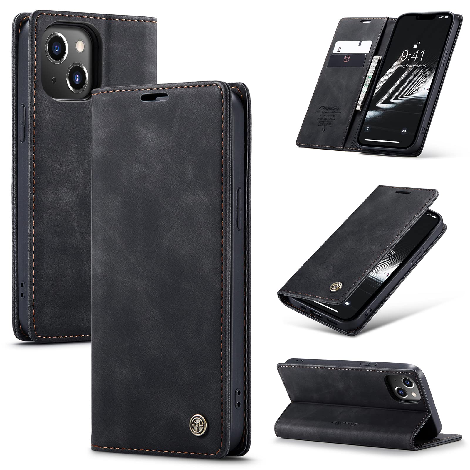 UFinetech Case for iPhone 14, Shockproof Anti-scratch Cover Compatible with iPhone 14 (6.1”), Leather TPU Slim Soft Flip Folio Magnetic Closure Kickstand Card Holder Wallet Camera Protector, Black