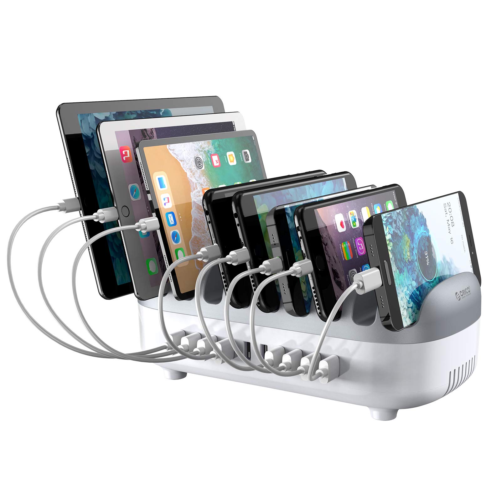 ORICO 120W Charging Station for Multiple Devices - 10 USB Smart Ports - Auto Temperature Control System - Charger Organizer Docking Station for Phones, Tablets and Others - White (Cables not Included)
