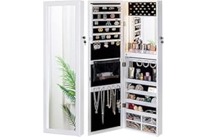 LUXFURNI Mirror Jewelry Cabinet 79 LED Lights Wall-Mount/Door-Hanging Armoire, Lockable Storage Organizer w/Drawers (White)