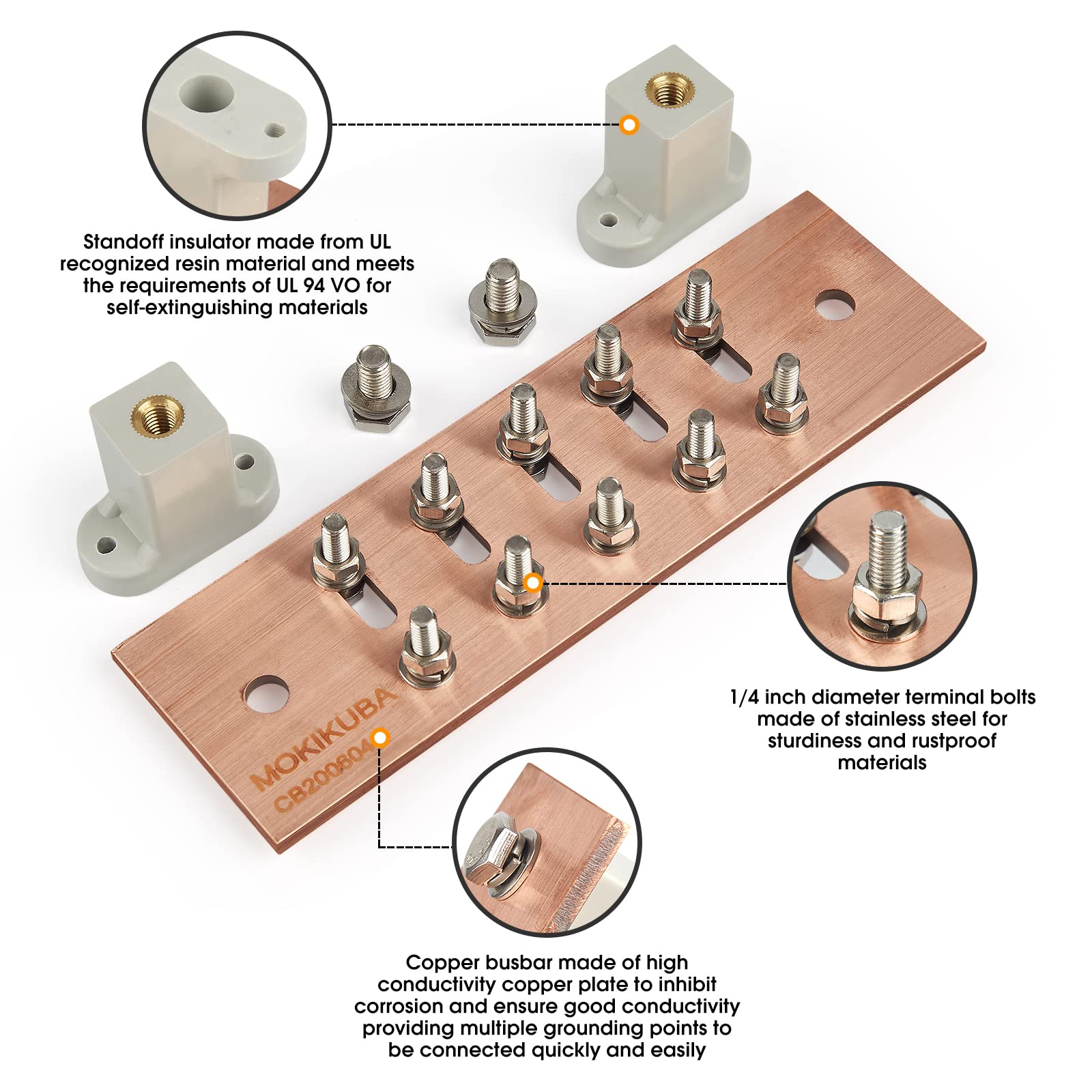 Wall Mounted Ground Bar KitCopper Bus Bar 7.88"x2.36"x .157" With 1/4