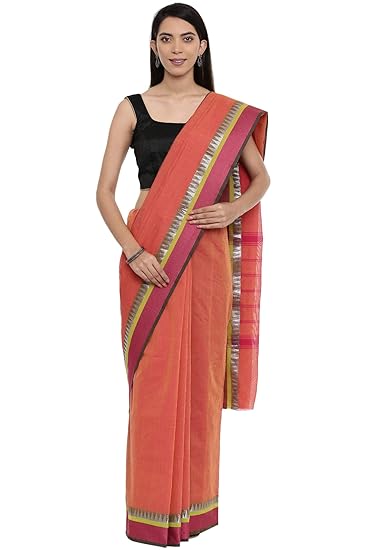 Womens Chettinad Pure Cotton Saree With Blouse Piece (CCOPSC12567_Orange)