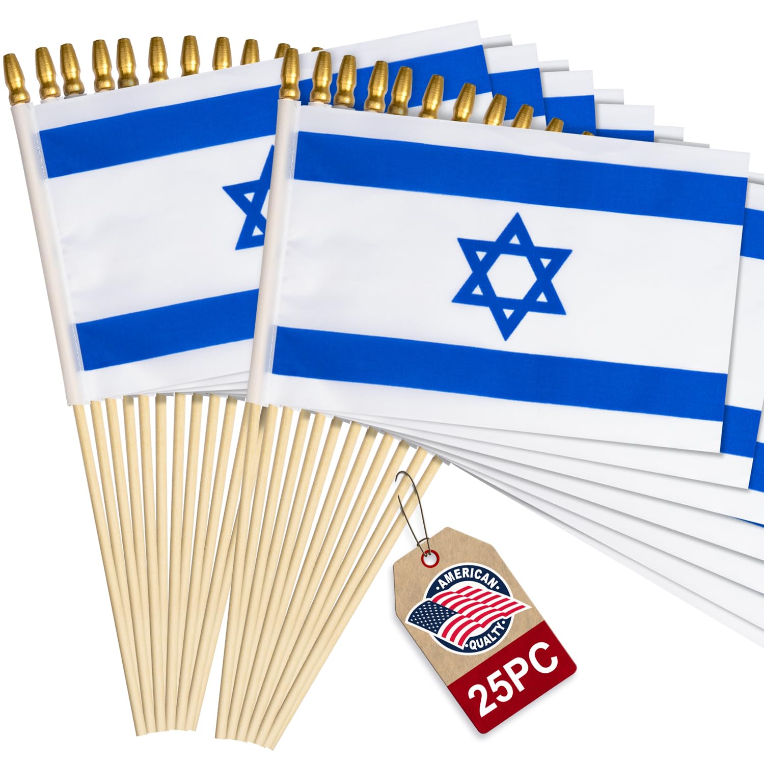 Photo 1 of 25 Pack Small Israel Flags on Stick, 5x8 Inch Mini Israeli Hand Held Wooden Stick Flags with Spear Top, for Parades, Celebrations, Parties, and Sports Events Use