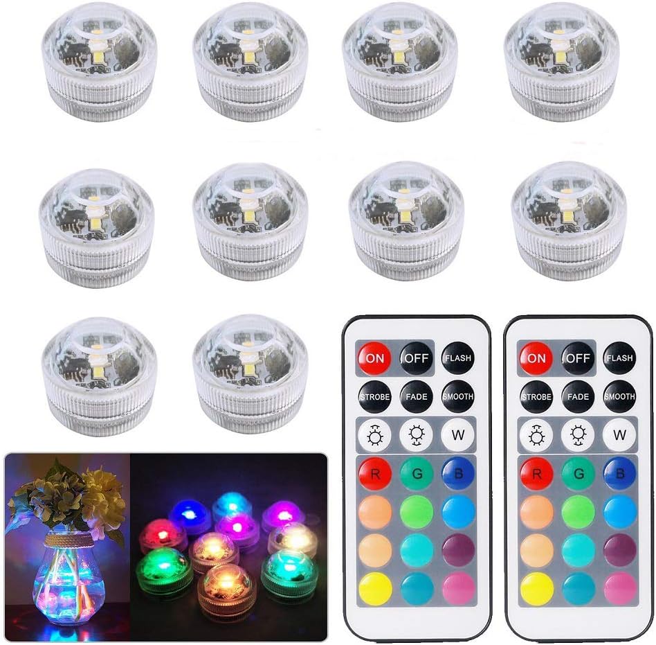 10pcs Submersible LED Lights,Multicolor Waterproof Underwater Lights SMD 3528 RGB Mood Lights with IR Remote Control for vase,bowls,swimming pool,aquarium ,party,wedding, bars or family decorations