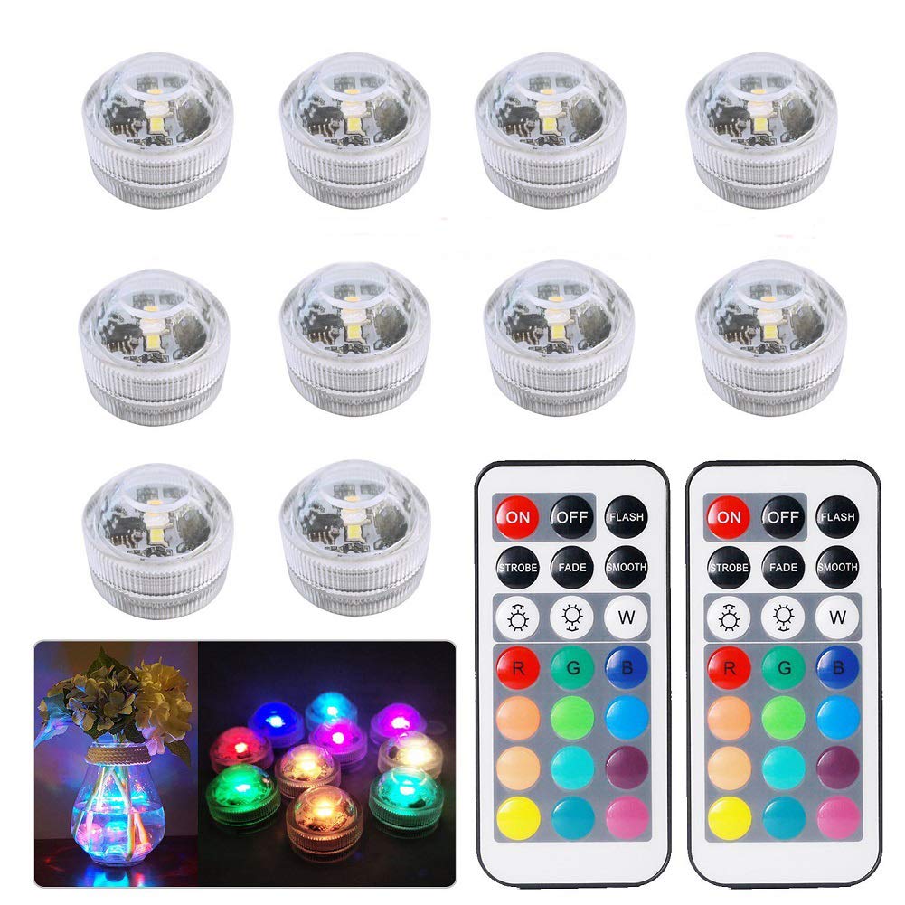 10pcs Submersible LED Lights,Multicolor Waterproof Underwater Lights SMD 3528 RGB Mood Lights with IR Remote Control for vase,bowls,swimming pool,aquarium ,party,wedding, bars or family decorations