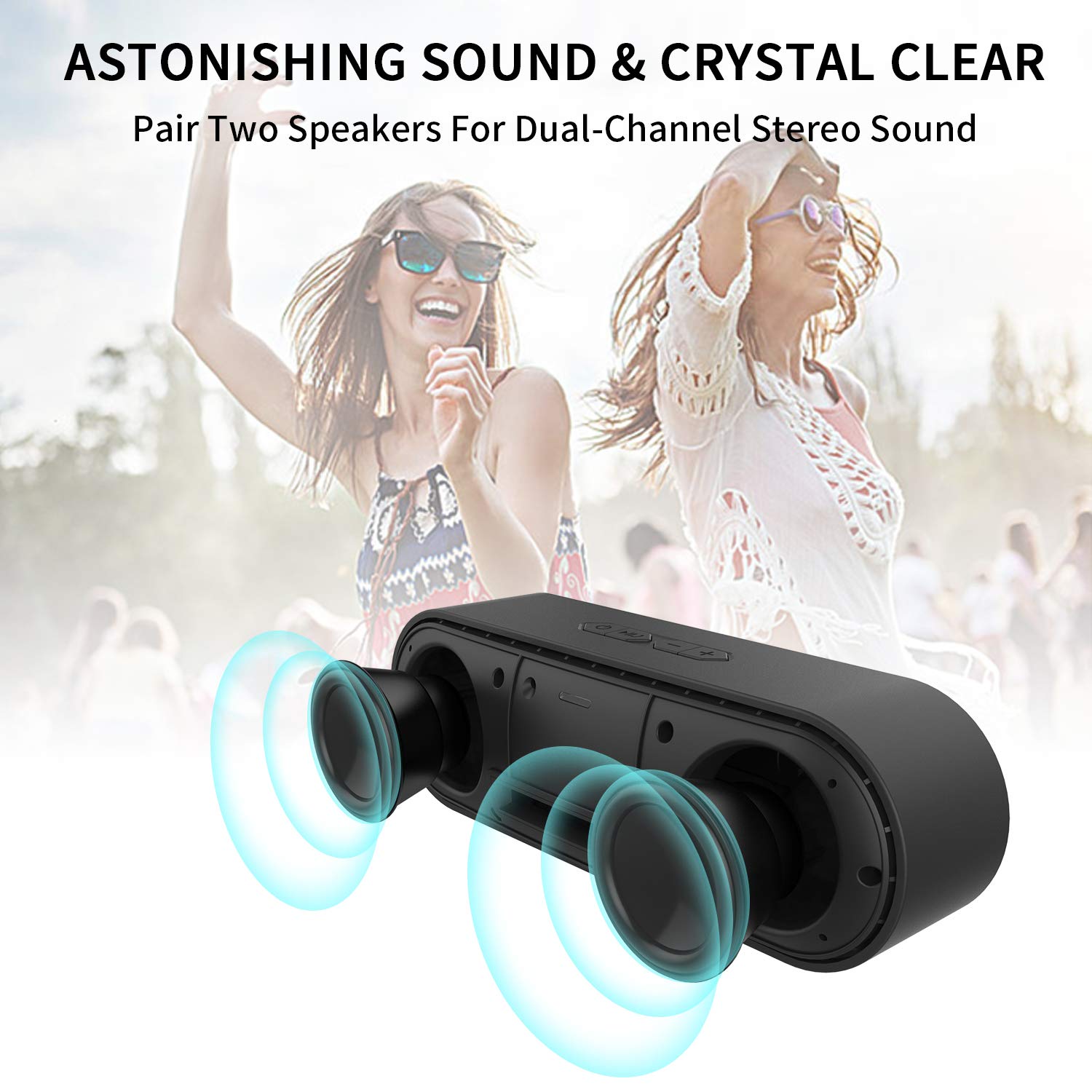 W-KING Bluetooth Speakers, 6W Portable Wireless Bluetooth Speaker with Rich Bass Loud Dual Stereo Sound IPX5 Waterproof Outdoor Speaker, Built-in Mic Perfect for Beach, Party, Dance (Black)