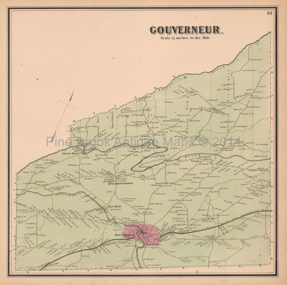 Gouverneur New York Antique Map Beers 1865 Authentic St. Lawrence