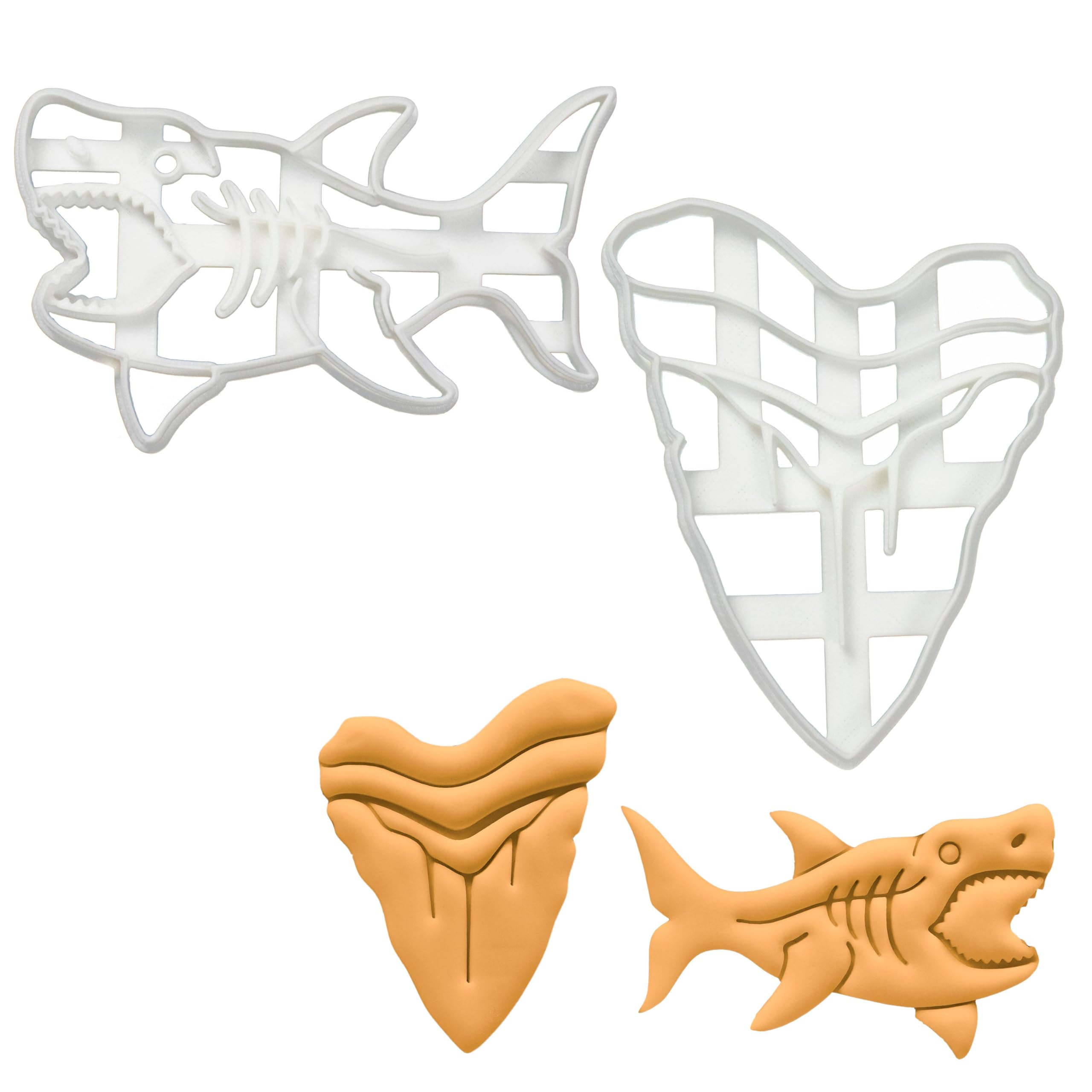BAKERLOGY Set of 2 Megalodon Shark Cookie Cutters (Designs: Tooth & Shark) - Detailed Biscuit Cutter Design for Baking and Crafts, Ideal on Fondant, Dough, Clay