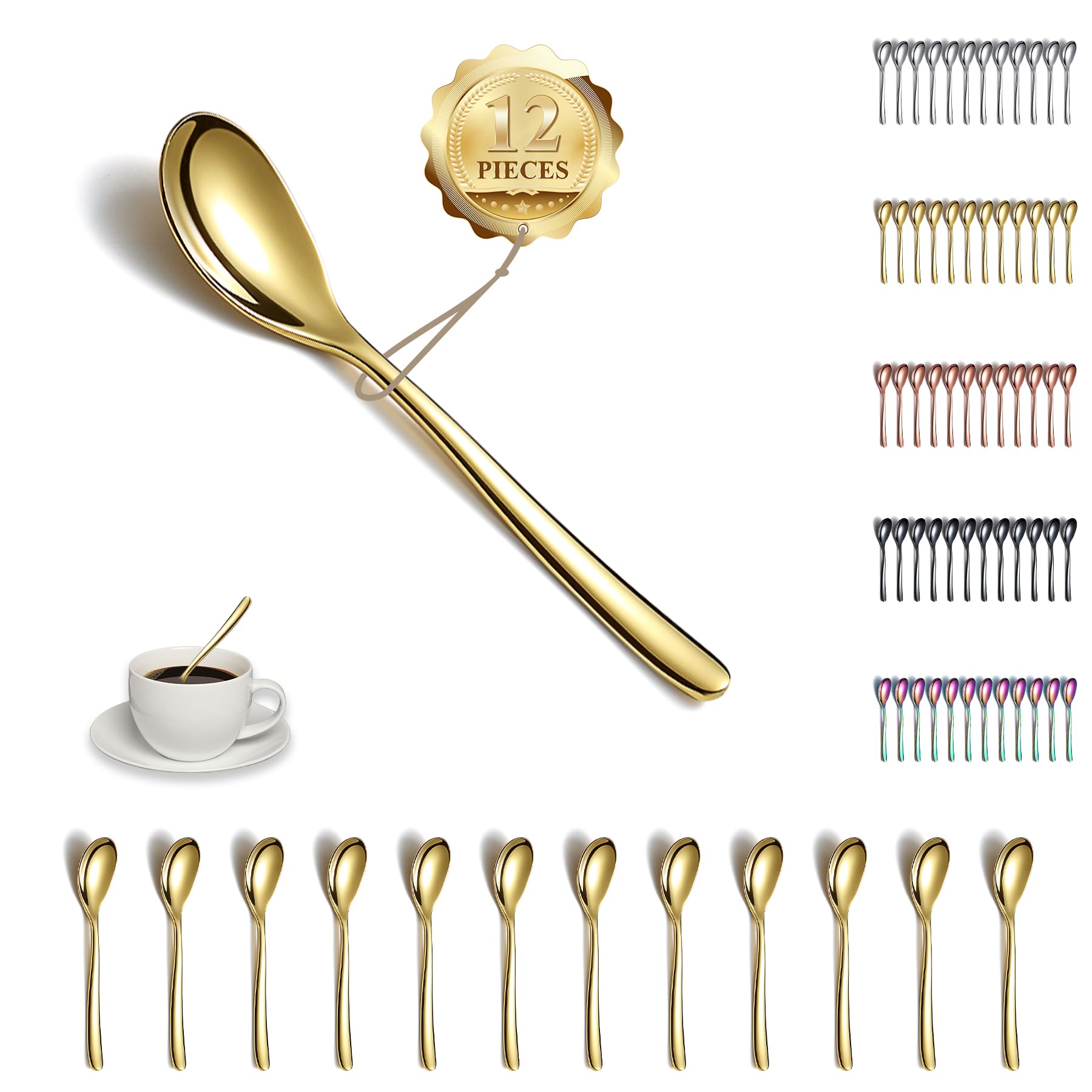 Kyraton Gold Teaspoons 12 Pieces, 14cm Stainless Steel Tea Spoons with Gold Titanium Plating, Ice Cream Spoons, Dessert Spoon, Coffee Spoon, Mocca Spoon, Dishwasher Safe