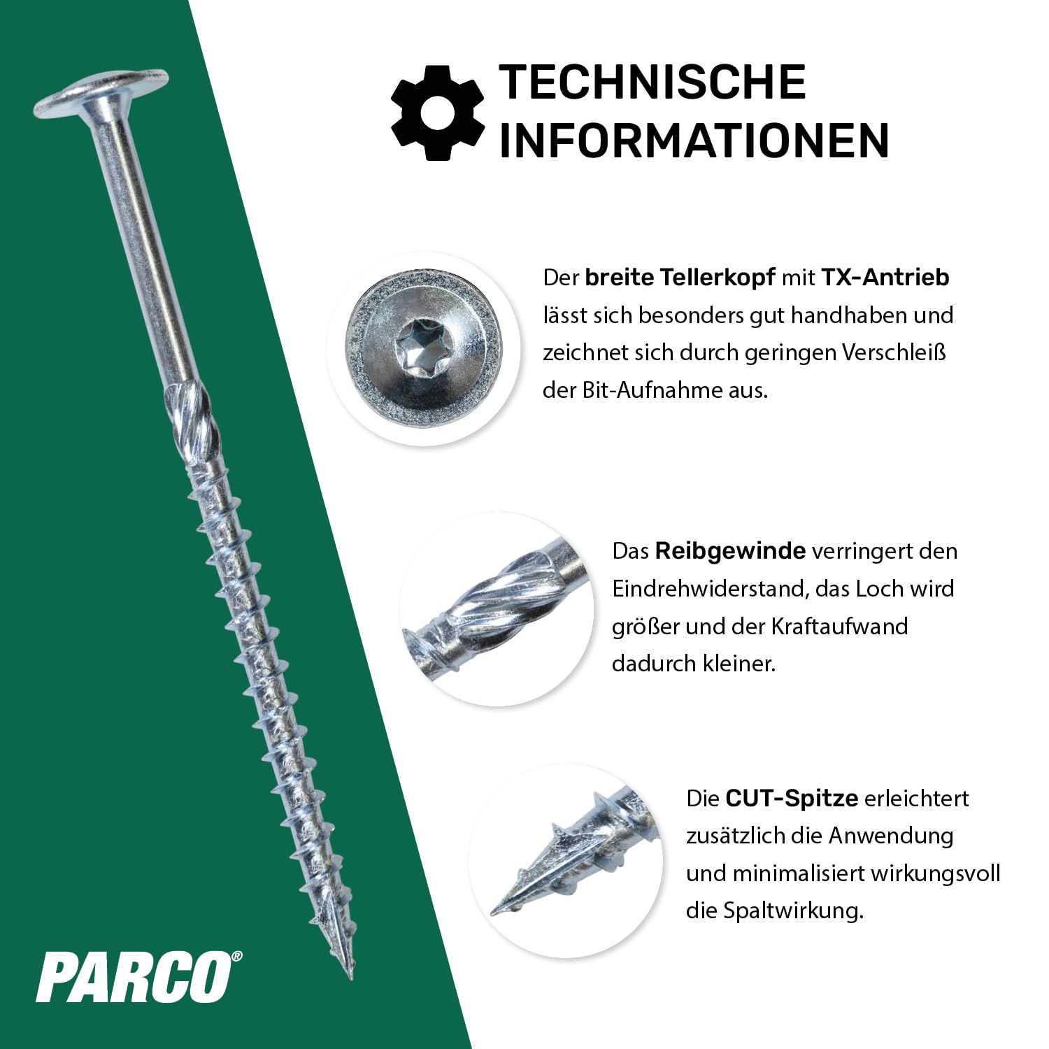 PARCO Tellerkopfschrauben, 100 Stück, 6x40 mm TX40 Verzinkt, CUT-Spitze, Holzbauschrauben für Konstruktionen, German Quality mit ETA Zulassung 3