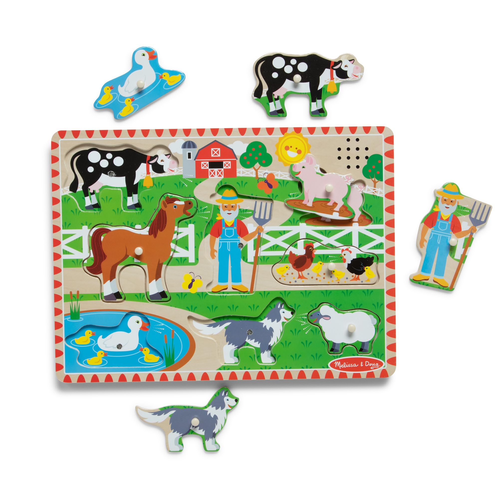 Melissa & Doug Old MacDonald's Farm Song Puzzle – 8-Piece Wooden Peg Puzzle with Light-Activated Sounds, Music Learning Toy for Toddlers and Preschoolers Ages 2+
