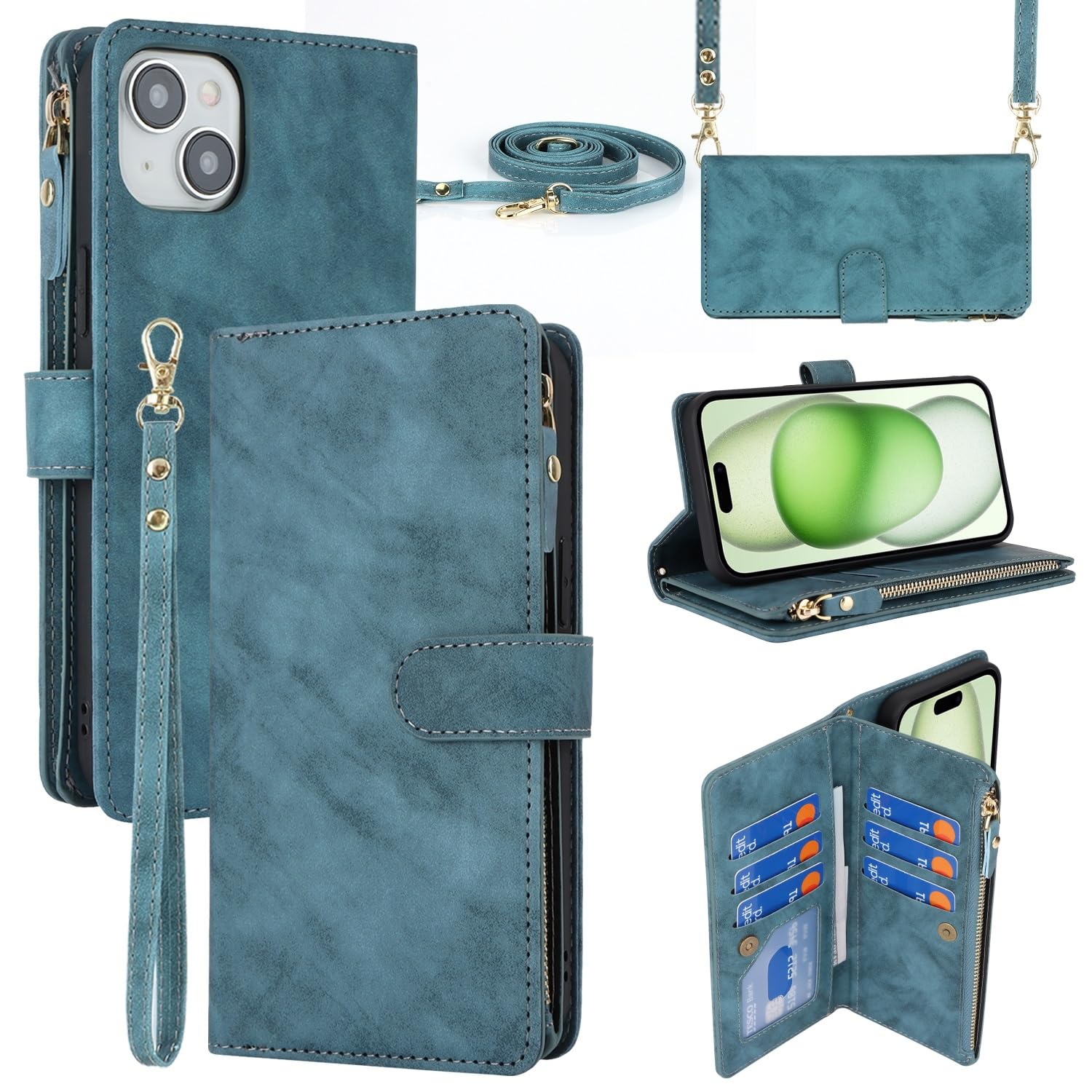 iCoverCase Compatible with iPhone 15 Plus Crossbody Case with Strap, Wallet Phone Case Card Holder [Not Detachable] PU Leather Kickstand Zipper Lanyard Case 6.7" (Blue)