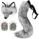 HAOAN Plush Faux Fur Therian Dog Wolf Mask Paw Gloves Fox Tail Set Halloween Cosplay Costume Accessories