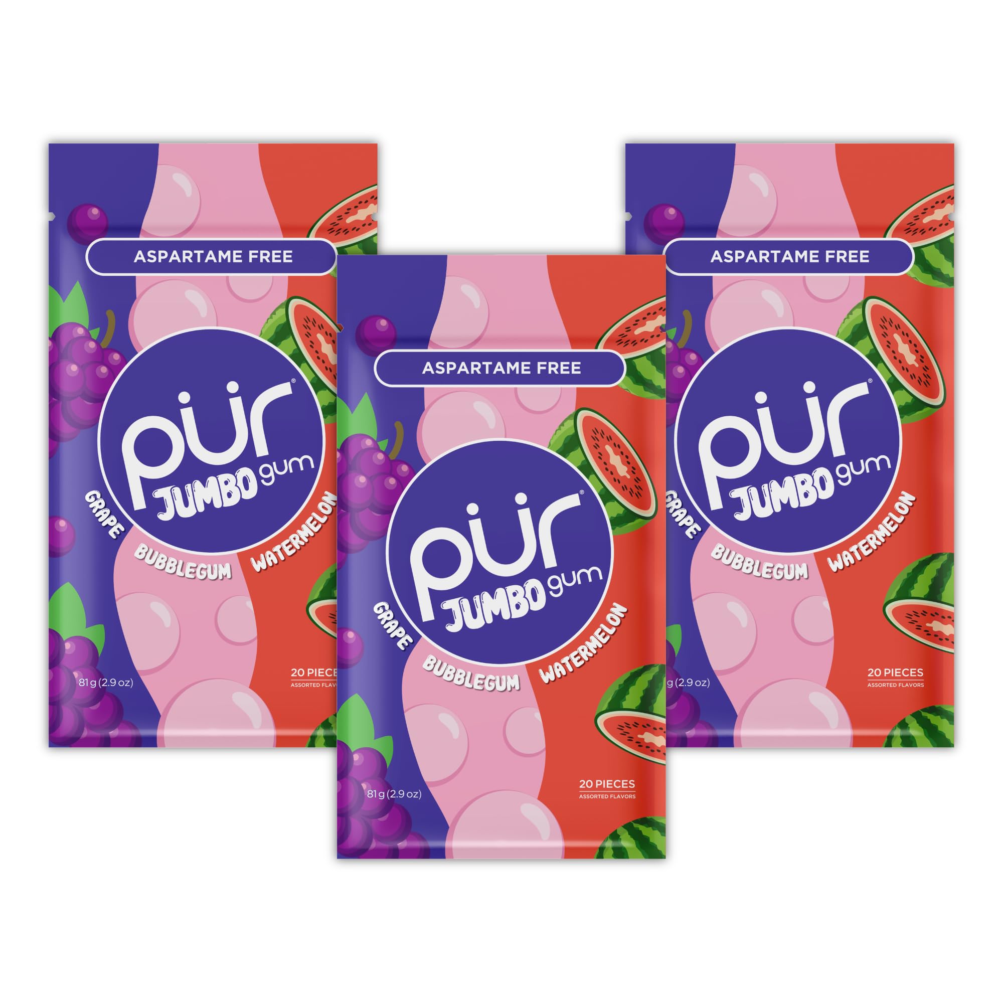 PUR Jumbo Gum | Aspartamfreier Kaugummi | Mit Xylit | Natürlicher Bubblegum, Grape, Watermelon Geschmack, 20 Stück (3er Pack)