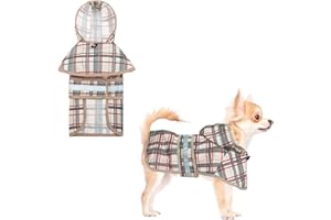 KOOLTAIL Dog Raincoat Hooded Slicker Poncho with Leash Hole, Raincoat for Small Medium Dogs, Waterproof Doggie Rain Jacket with Reflective Strip, Adjustable Breathable Plaid Puppy Rainwear,Beige S