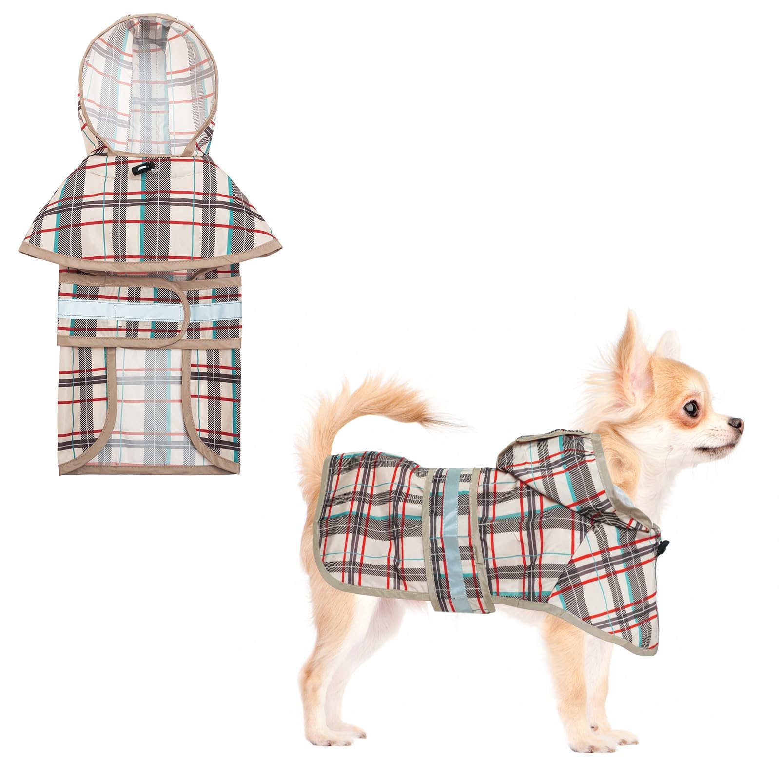 KOOLTAIL Dog Raincoat Waterproof, Adjustable Breathable Lightweight Raincoat For Dogs With Lead Hole,Cute Hooded Dog Rain coat With Reflective Strip For Small Medium Dogs, Beige Plaid S