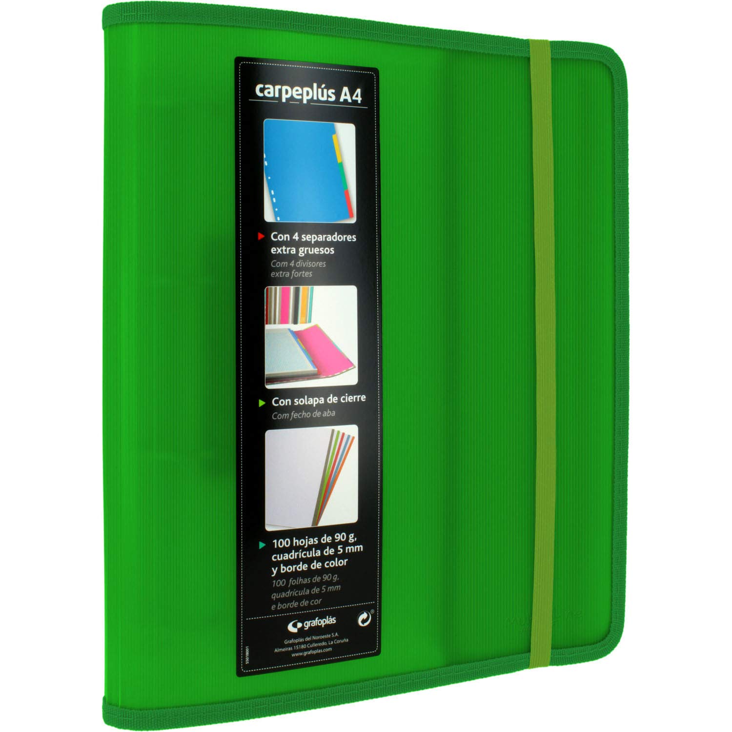Grafoplás 88200020 4 Ring Binder, A4, Green, Polypropylene, with Side Flap, Refill of 100 Sheets, Dividers and Transparent Envelope, Multiline.