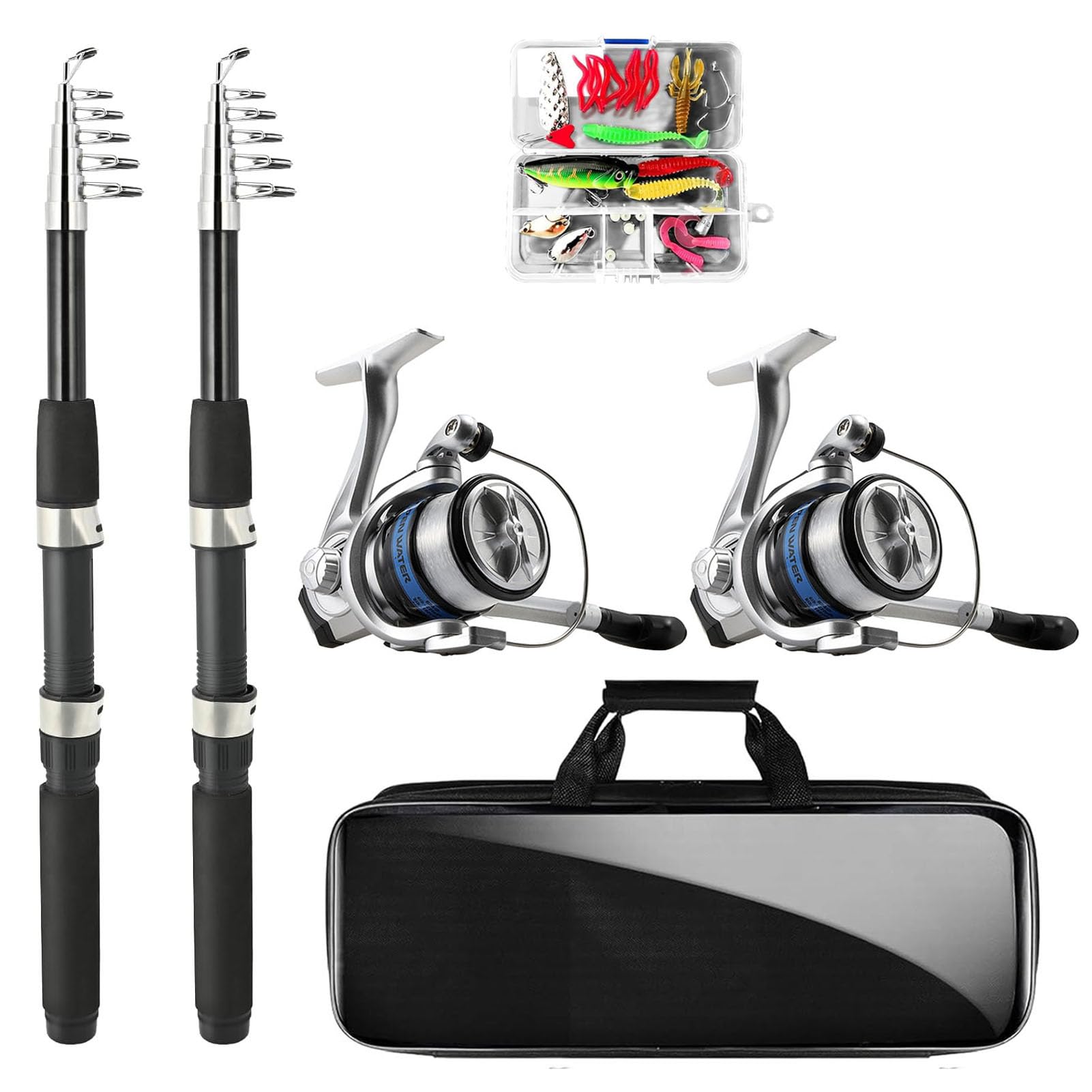 Telescopic Fishing Rod and Reel Combo, 2PCS 5.9FT Collapsible Fishing Pole Set with Pre-Loaded Spinning Reel Lures and Carrier Bag, Saltwater Freshwater Fishing Gear for Adults