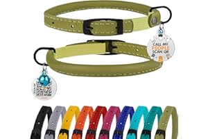BRONZEDOG Cat Collar with Bell Kitten Rolled Leather Collars Safety QR ID Name Tag (Olive Green)