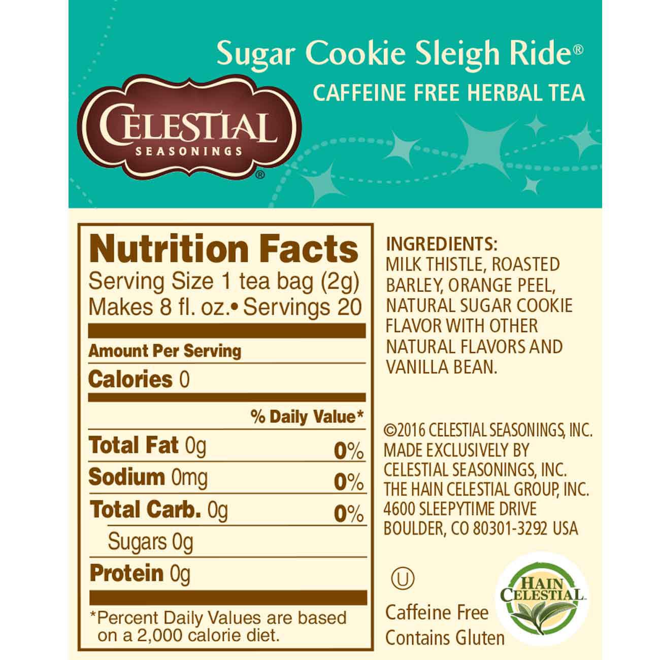 Celestial Seasonings Herbal Tea, Sugar Cookie Sleigh Ride, 20 Count