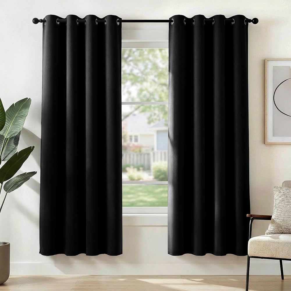 Deconovo Solid Curtains Ring Top Thermal Blackout 140x180 Black 2 Panels