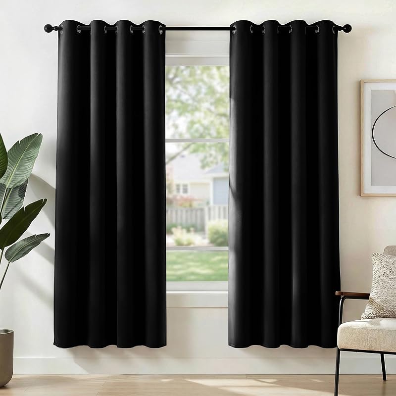 Deconovo Solid Curtains Ring Top Thermal Blackout 140x180 Black 2 Panels