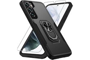 JANMITTA for Samsung Galaxy S22 Case with Screen Protector Tempered Glass[Not for S22+] ,Heavy Duty Shockproof Full Body Phone Cover[Hard PC Back],Built in Finger Ring Stable Kickstand,2022 Black Matte