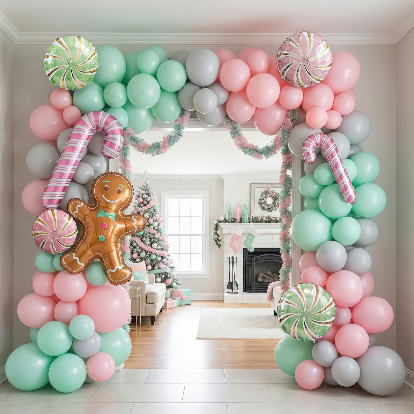 Photo 1 of Christmas Balloon Garland Arch kit green pink balloon with Gingerbread Balloon Cane Candy Foil Balloons for friendsmas Party Decorations Xmas New Year cookie Birthday Party Supplies globos de navidad