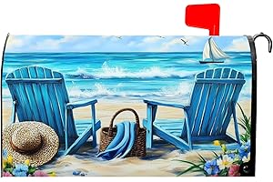 Ancordivo Summer Beach Mailbox Covers Magnetic Standard Size 21 x 18 Inch Nautical Coastal Blue Ocean Seagull Sailboat Chairs Mailbox Wraps Post Letter Box Cover for Garden Yard