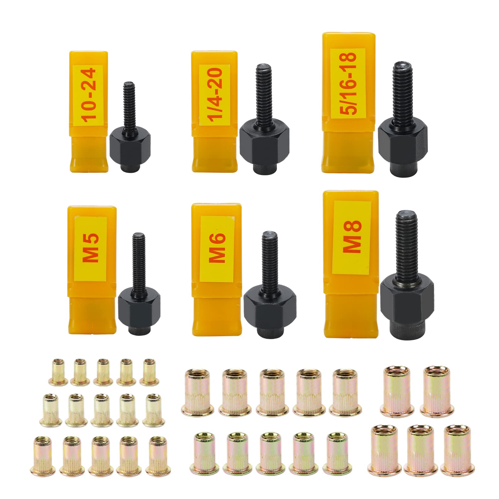 HIFESON Rivet Nut Tool - 30pcs Steel Rivet Nuts, SAE & Metric, Industrial Grade, Yellow, Carbon Steel, Right Hand, Coarse, Unthreaded, #4-20, 1/4"-20, 6.35mm, 8cm x 15cm x 3.5cm, Limited Warranty