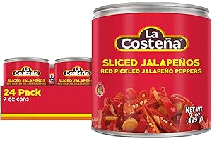 La Costeña Sliced Red Jalapeno Peppers for Mexican Food, Jalapeno Salsa, Enchiladas, Guacamole, Spicy Nacho & Taco Toppings - Pickled Vegetables - 7oz, 24 Pack Cans