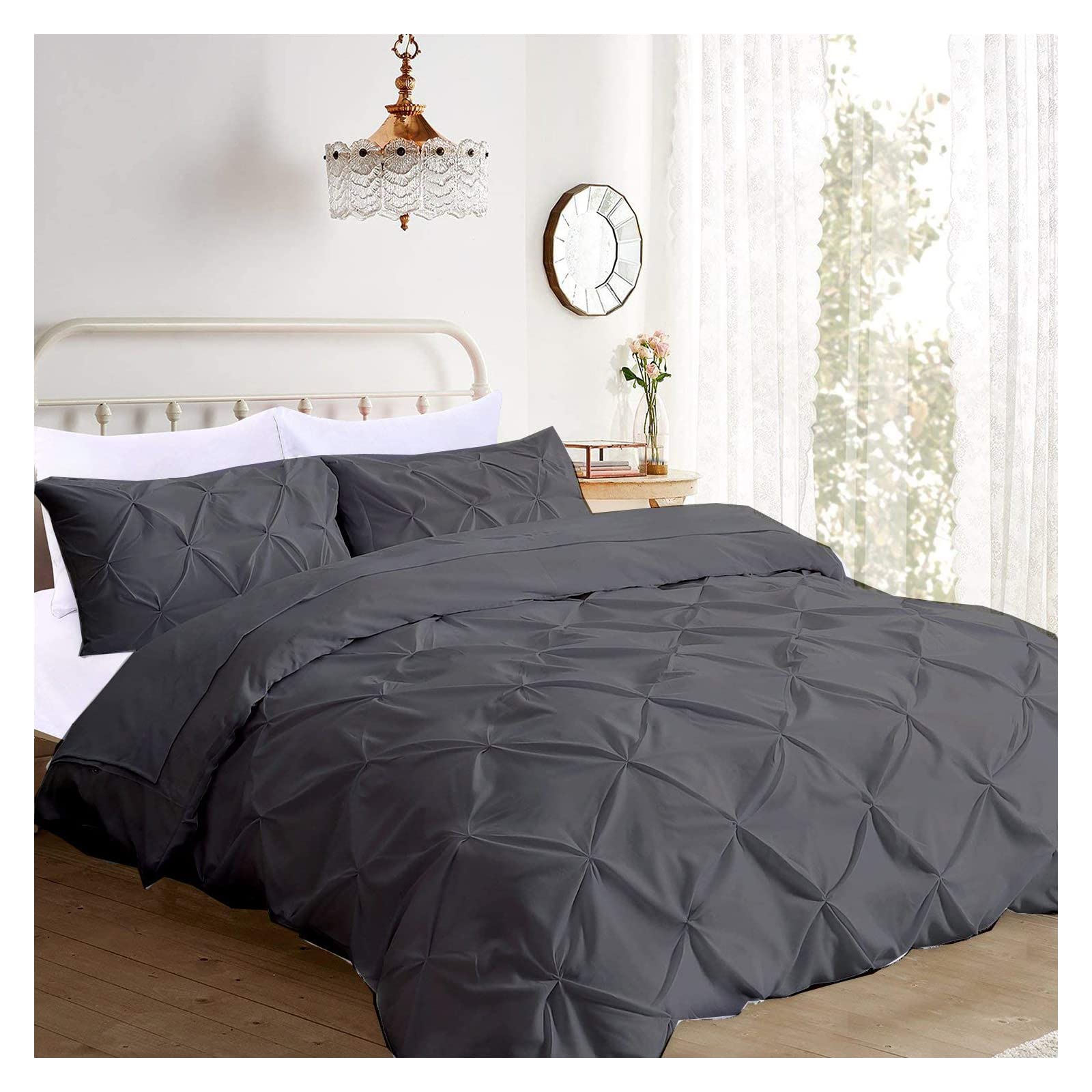Pintuck Duvet Cover Set Matching Pillowcases, Pinch Pleated Microfiber Quilt Comforter Encasement, Wrinkle & Stain Resistant Bedding, Easy Care, Machine Washable (Charcoal, Double)