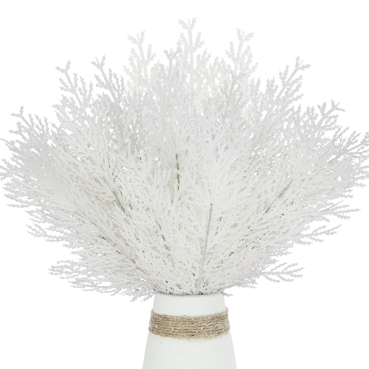 Photo 1 of 20Pcs Glitter Christmas Tree Picks Cedar Sprays 13" Artificial Pine Needles Branches Glittery Decorative Sticks Ornaments Fake Pine Stems for Xmas Tree Vase Filler Garland Craft Decoration (White)