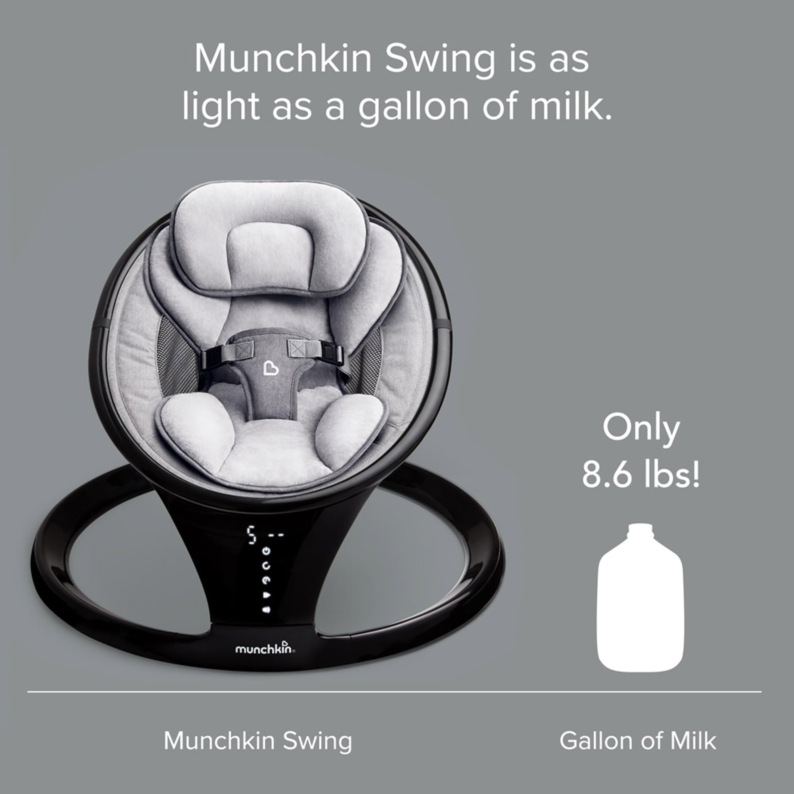 Munchkin Baby Swing, Portable and Lightweight, Bluetooth Enabled Electric Infant Rocker with Natural Sway in 5 Ranges of Motion, Newborn Nursery Essentials, Black/Grey