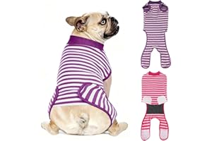 QUEARN 2 Packs Breathable Cotton Dog Recovery Suit for After Neuter Spay Abdominal Wounds Protector, Professional Anti-Licking Onesies for Male Female Pets Surgery Bandages, M Purple & Pink Stripes
