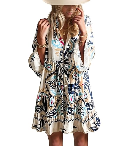 Women's Summer Boho Paisley Print Dress V-Neck Flare Sleeve Mini Beach Dress(03-S) at Amazon Women's Clothing store
