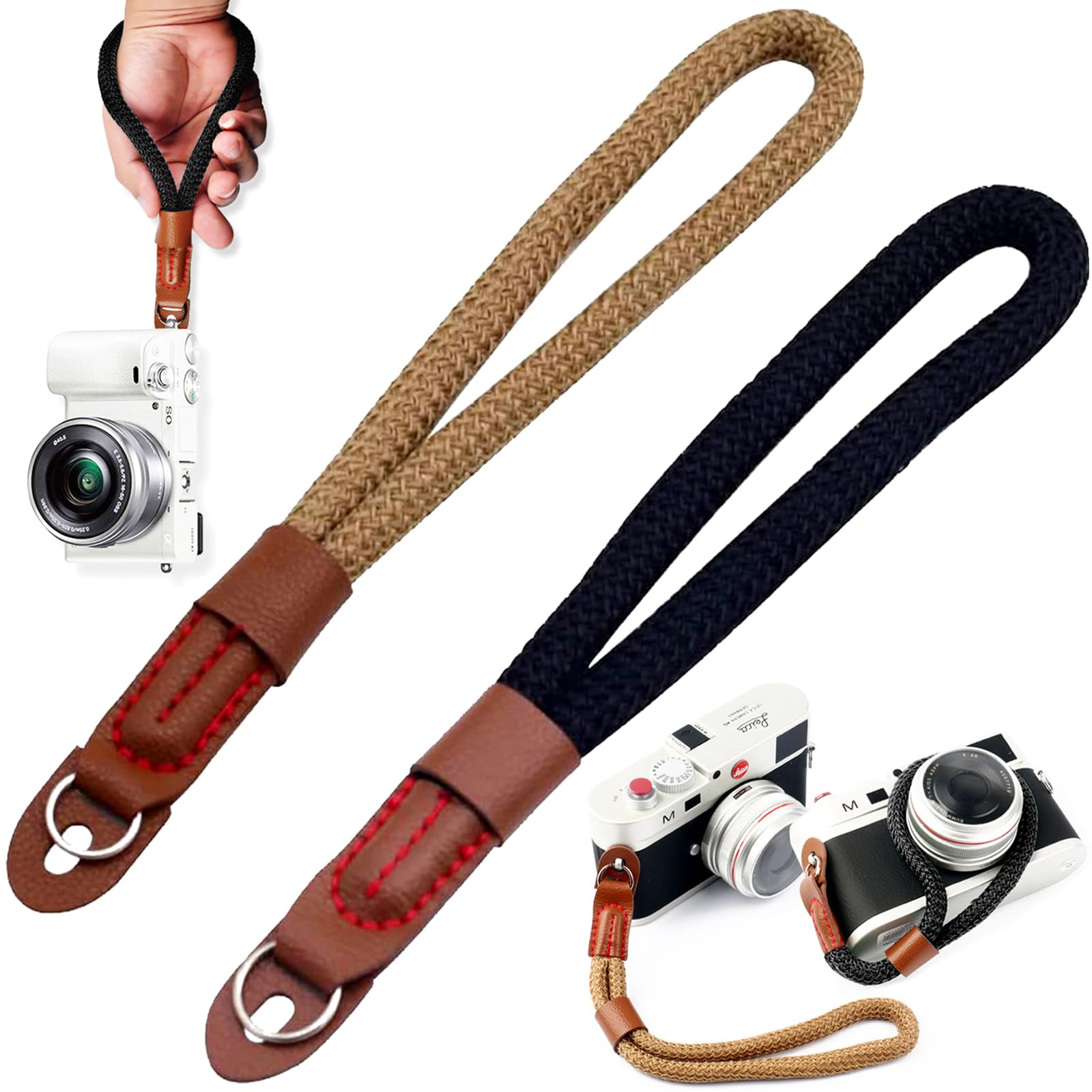 Mnixy 2Pcs Camera Hand Wrist Strap, Antislip Camera Wristband Strap Universal, Adjustable Safety Strap, for Camcorder Digital Camera, Black, Brown