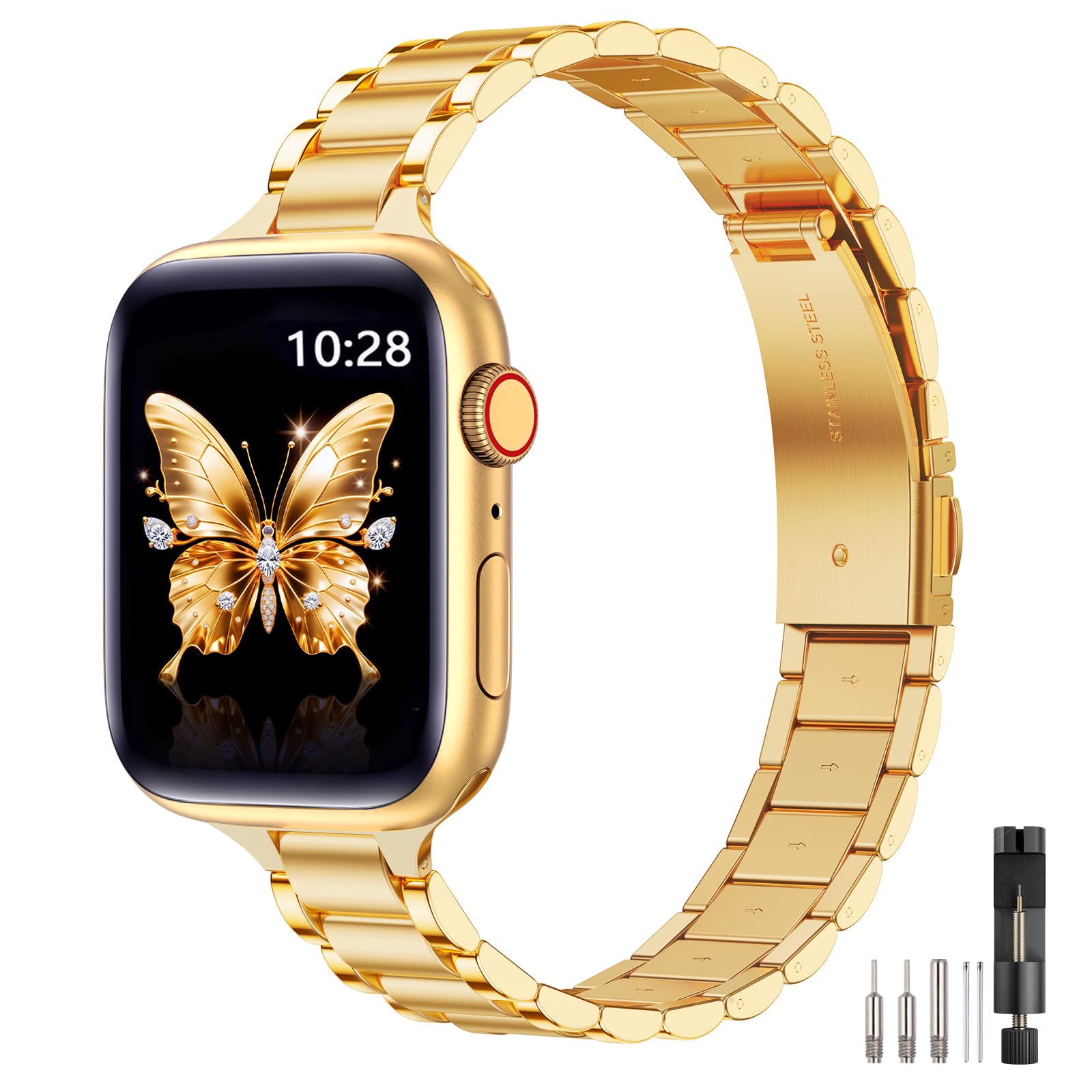 Photo 1 of WFEAGL Thin Metal Bands Compatible with Apple Watch Band 42mm (Series 11 10) 41mm 40mm 38mm for Women, Slim Stainless Steel Wristbands for iWatch SE Series 9 8 7 6 5 4 3 2 1 (Gold)