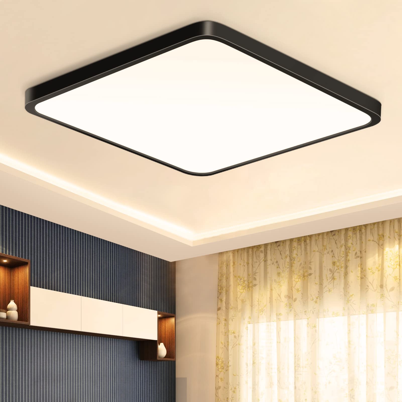 Photo 1 of inShareplus 12 inch LED Ceiling Light Fixture, 24W [240 Equivalent] Warm White 2800K Black Square Modern Flush Mount Ceiling Lights Fixture, 3200LM Ceiling Lamp for Bedroom, Living Room, Office