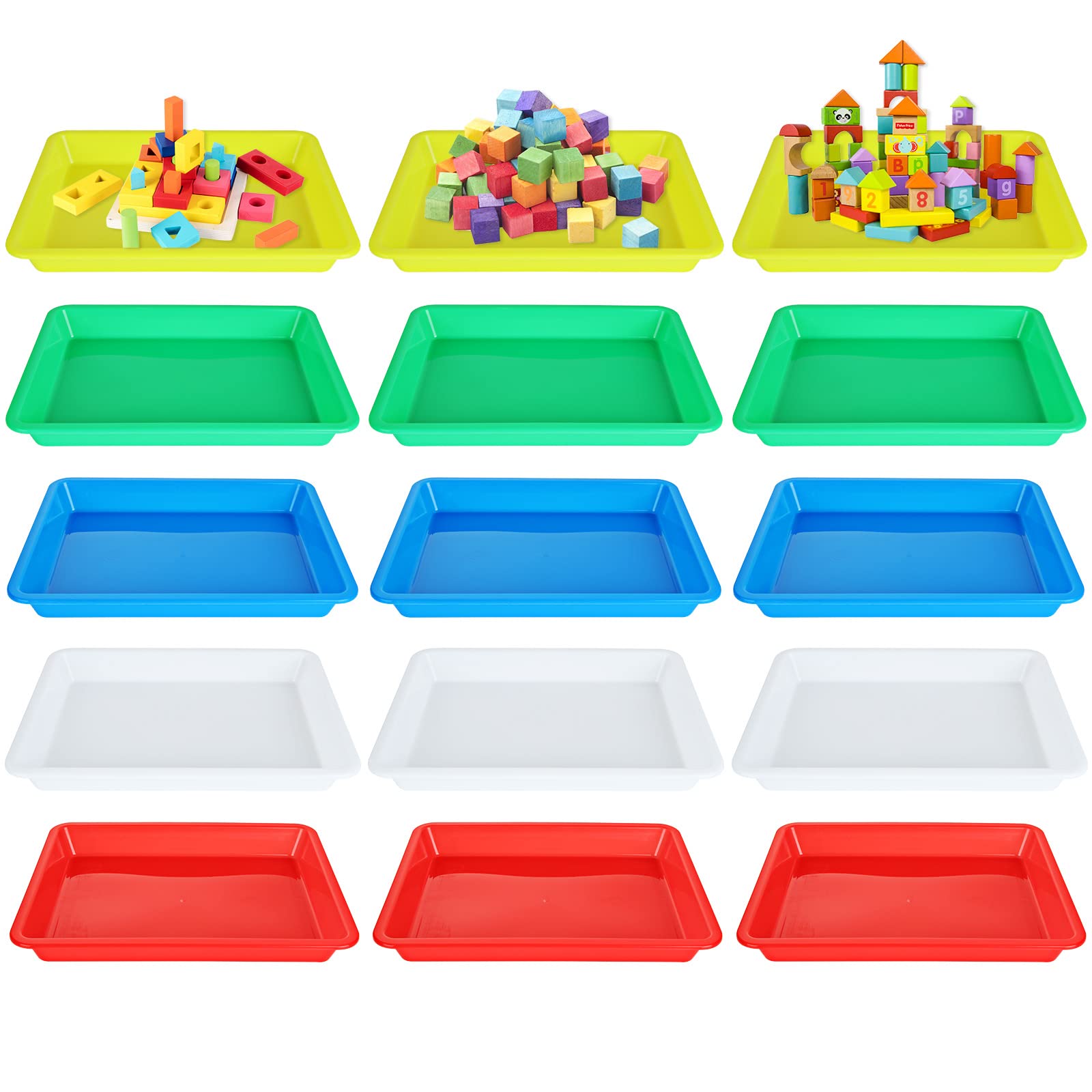 JMIATRY 15 Pcs Multicolor Plastic Art Trays, 28x21x3cm Anti-Slip Serving Tray, 5 Colors Play Trays, Plastic Art Activity Tray for Home School Art Crafts and DIY Projects