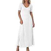PRETTYGARDEN Women's 2026 Spring Midi Sweater Dresses Elegant Pleated Ribbed Knit Short Sleeve V Neck A Line Summer Outfits